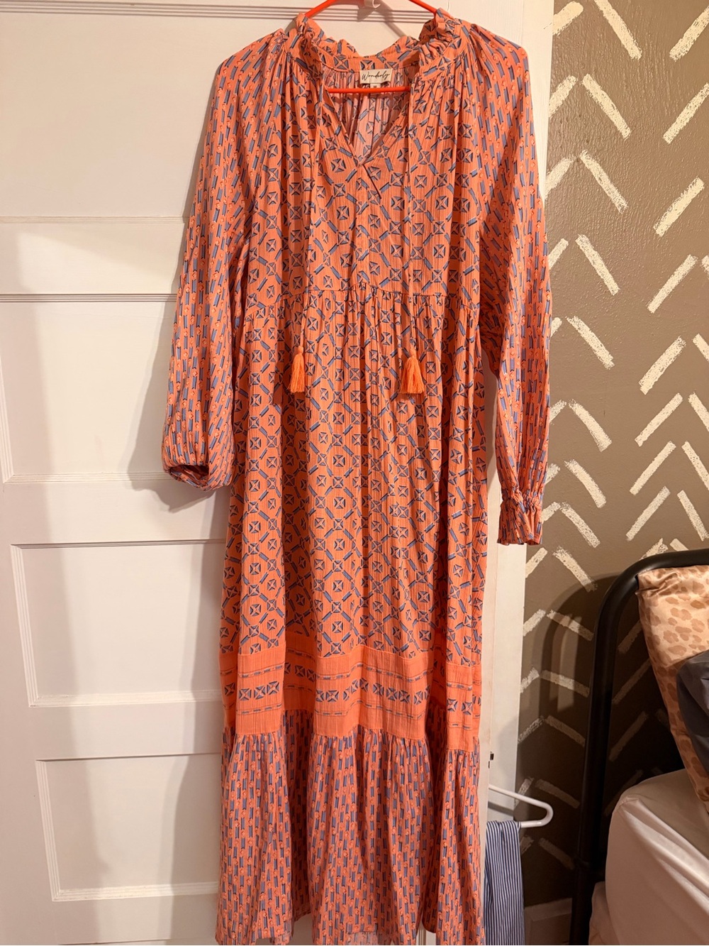belk Orange Printed Long Sleeve Maxi Dress with Tassel Tie